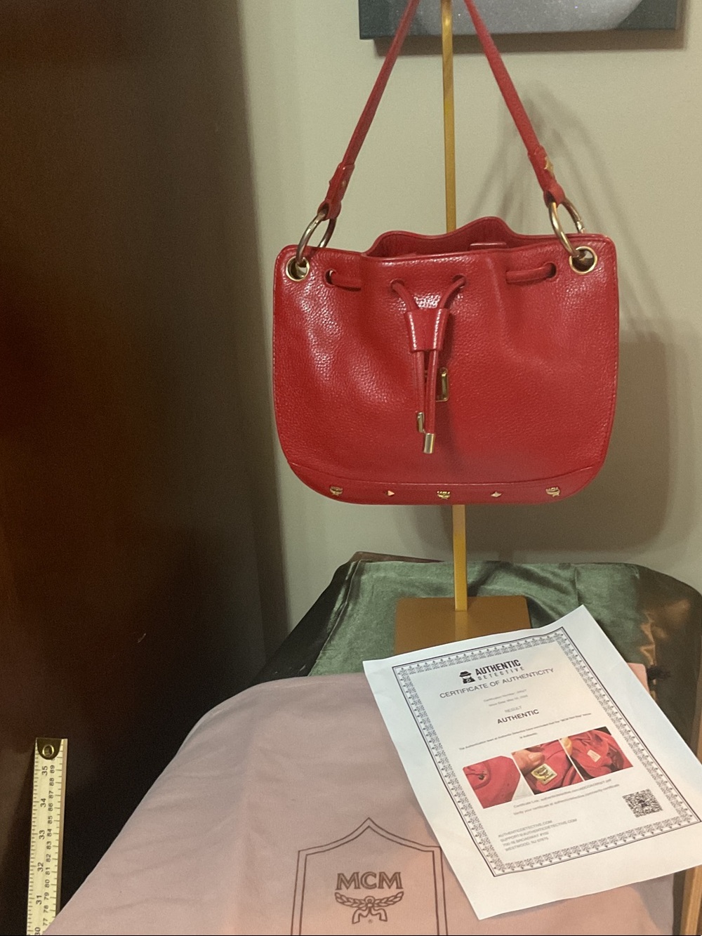 MCM Red Pebbled Leather Drawstring Shoulder Bag Vintage